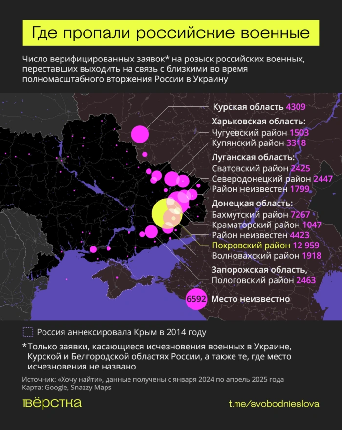 На карте «СВО» видно, что чаще всего списки пропавших без вести пополняют фронтовики, воюющие в Донецкой области